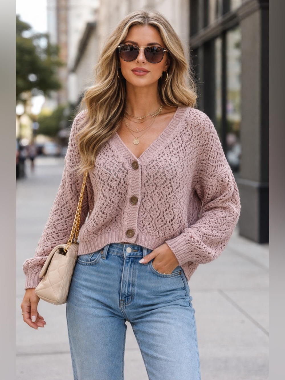Nicole Miller Soft Mauve Pink Crochet Knit Cardigan Sweater XL